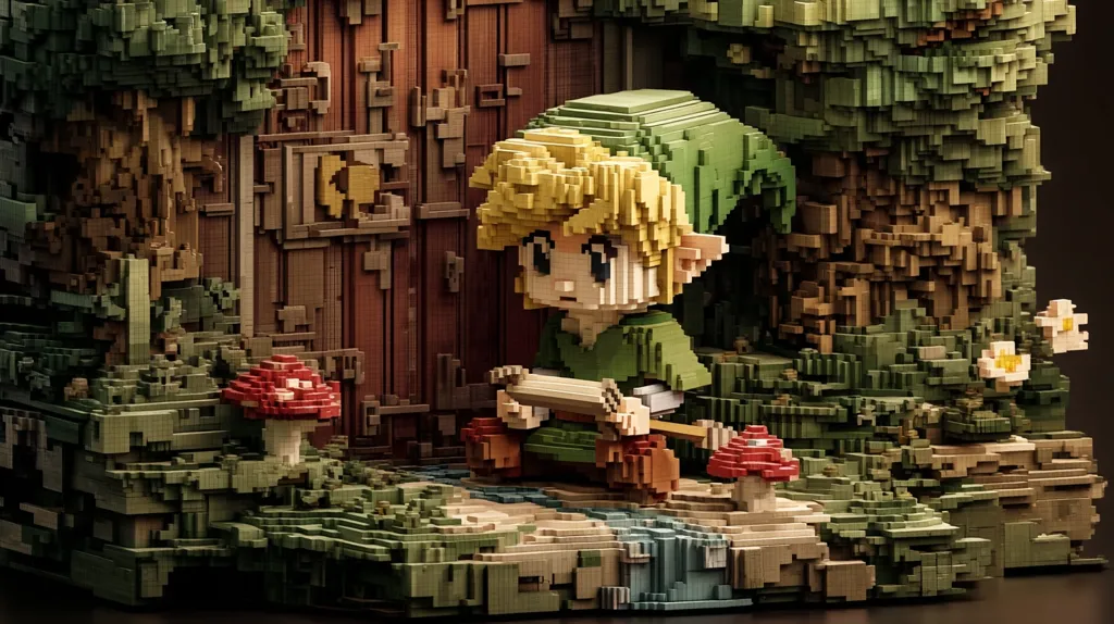 A pixel art diorama depicts Link from The Legend of Zelda, seated before a rustic wooden door nestled within a lush, voxel-style forest.  He holds a scroll, and vibrant red mushrooms and flowers add detail to the meticulously crafted, blocky landscape. The scene evokes a classic video game aesthetic with its charming, low-poly style.