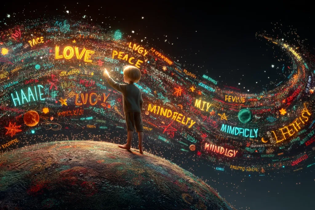 A young boy stands on a planet-like sphere, reaching out to a swirling nebula of colorful words and symbols.  The words, including "LOVE," "PEACE," and "MINDFULLY," radiate from his fingertips, suggesting a creation of positive energy and mindful thoughts. The scene is vibrant and fantastical, set against a dark space backdrop studded with stars.  The overall impression is one of hope, imagination, and inner peace.