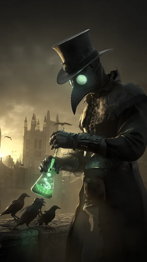 A plague doctor, cloaked and masked, holds a glowing vial in a dimly lit, gothic city.  Ravens perch nearby, adding to the ominous atmosphere. The background suggests a London-like cityscape at sunset or dawn.  The overall mood is dark, mysterious, and evocative of a historical pandemic or steampunk setting.