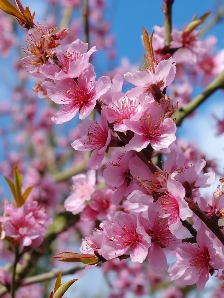 A close-up view of delicate pink peach blossoms in full bloom against a vibrant blue sky.  The blossoms are clustered together on a branch, showcasing their soft petals and vibrant centers.  The sunlight illuminates the flowers, highlighting their intricate details and creating a feeling of springtime freshness.  The overall image is one of beauty and natural elegance.