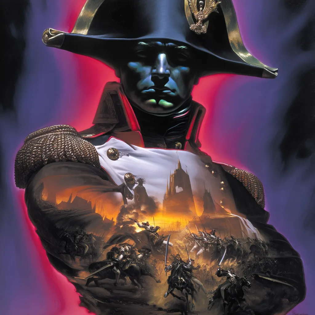 A dramatic portrait of Napoleon Bonaparte, depicted in a dark, almost otherworldly style. He wears his iconic bicorne hat, and his uniform is overlaid with a fiery image of a battle scene, suggesting the cost of his ambition.  The artwork uses intense lighting and a deep color palette to create a powerful and somewhat ominous effect.