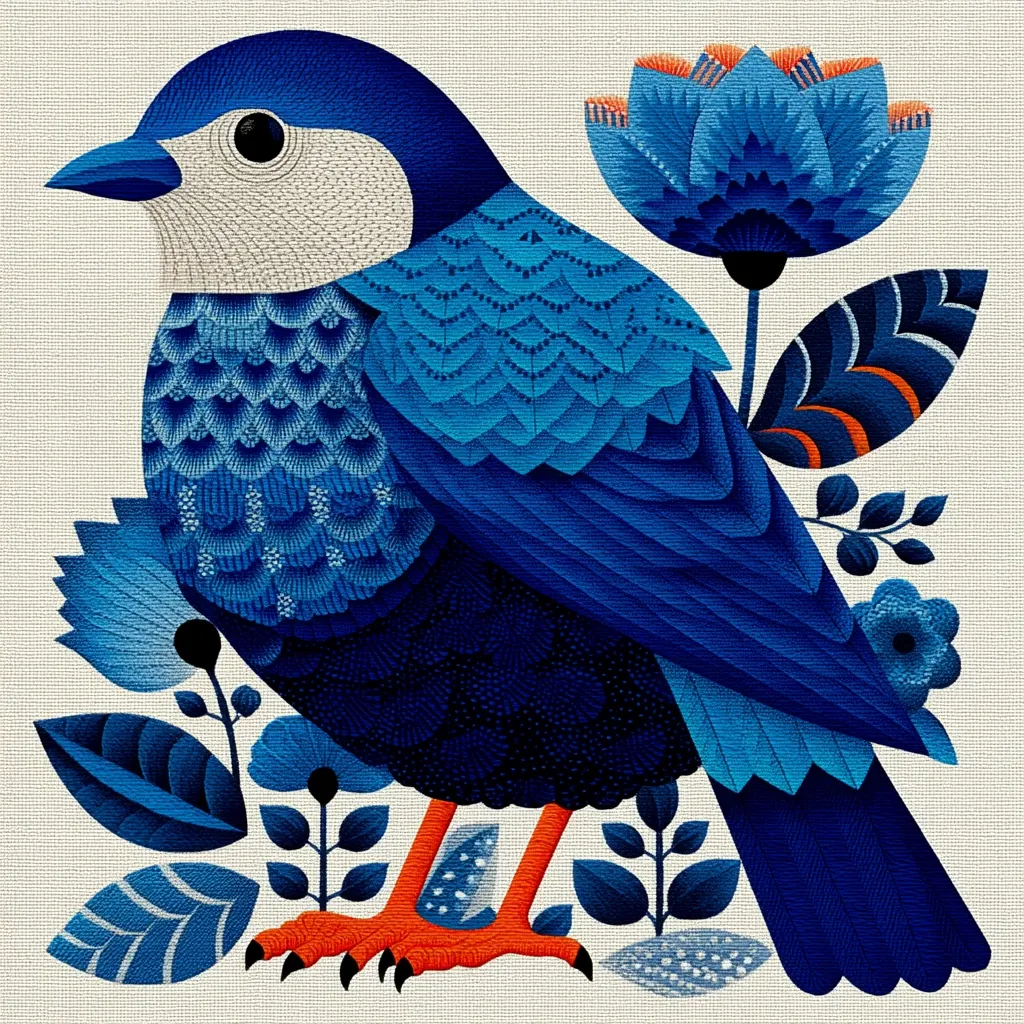 A vibrant illustration showcases a stylized blue bird perched amidst blue floral motifs.  The bird's plumage is intricately detailed with varying shades of blue, creating a textured effect.  The flowers and leaves are similarly detailed, using a folk art style. The overall color palette is monochromatic, with pops of orange on the bird's feet and flower accents. The background is a neutral beige linen texture.