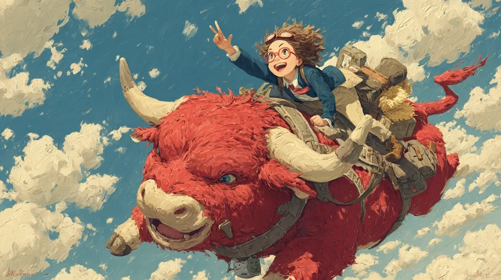 A joyful girl with glasses and goggles rides a large, red, flying bull through a bright blue sky dotted with fluffy white clouds.  She's wearing a blue jacket and carries bags, suggesting a journey. The bull is depicted with a vibrant, painterly style, its expression mirroring the girl's cheerful demeanor. The overall scene is whimsical and adventurous.