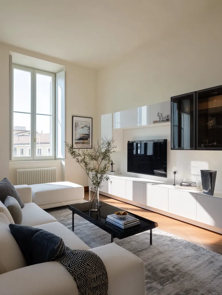 A contemporary living room features a long, white sectional sofa, a low black coffee table, and a minimalist white media unit with a flat-screen TV.  Natural light streams through a large window overlooking a cityscape.  A textured rug anchors the seating area, complemented by subtle décor including a vase of branches and books on the coffee table. The overall aesthetic is clean, calm, and sophisticated.