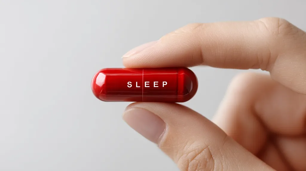 A close-up image shows a person's fingers gently holding a single, red capsule.  The word "SLEEP" is clearly printed in white on the capsule's surface.  The image suggests a focus on sleep aids or medication for sleep-related issues.  The background is a plain, light gray, keeping the focus on the pill.