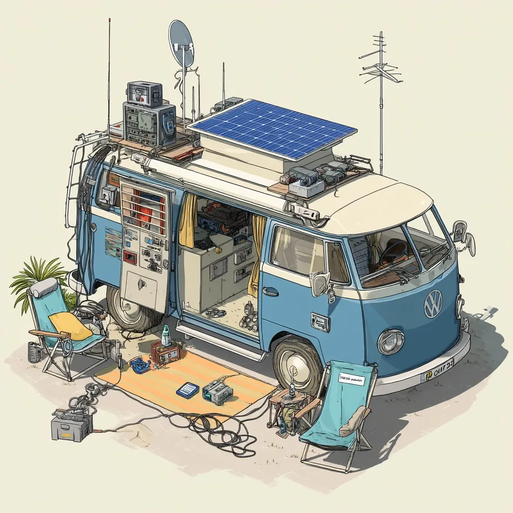 A meticulously detailed illustration depicts a vintage Volkswagen camper van, extensively modified for off-grid living.  The roof is equipped with solar panels, satellite dish, and various antennas. The interior, visible through the open side door, is packed with technological equipment.  Surrounding the van are camping chairs, a rug, and power cords, suggesting a self-sufficient, technologically advanced nomadic lifestyle.