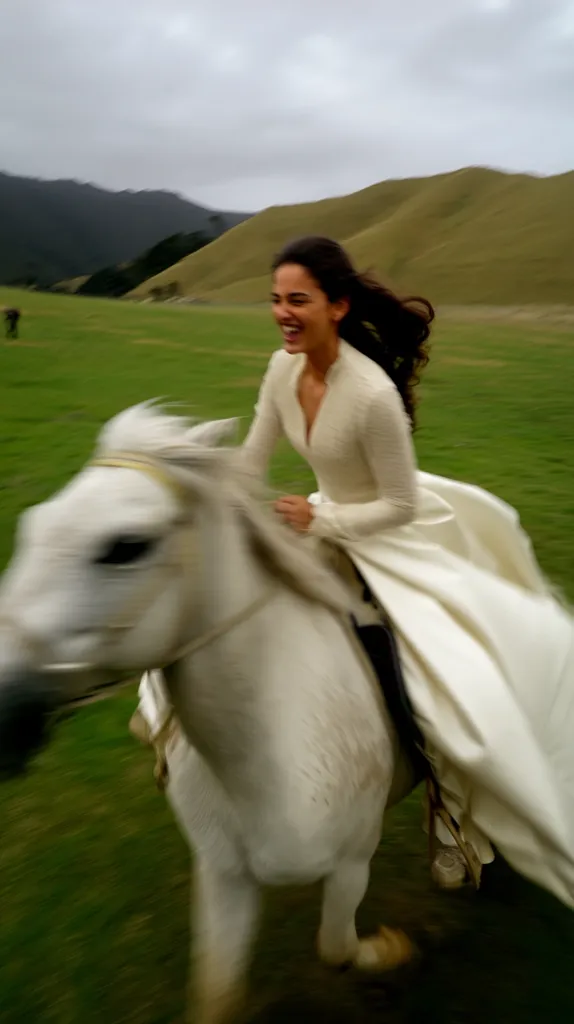 A joyful woman in a flowing white dress rides a white horse across a verdant field.  Rolling green hills form a picturesque backdrop under a cloudy sky. The motion blur suggests a brisk pace, capturing a feeling of freedom and exhilaration.  The scene evokes a sense of romance and adventure.