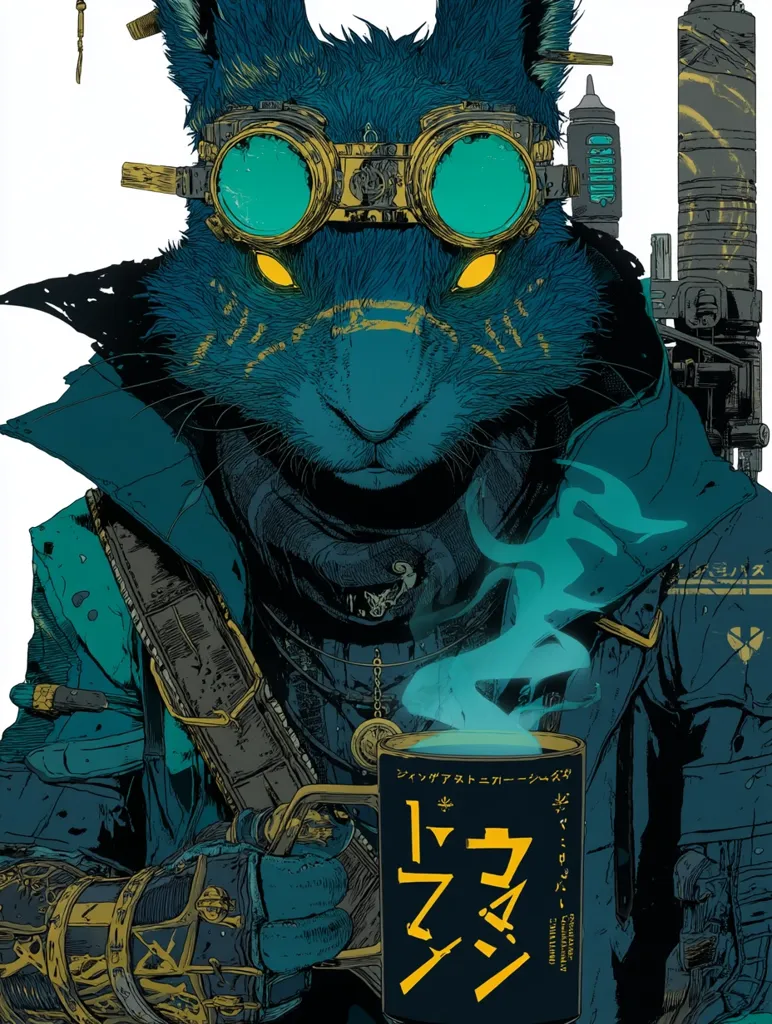 A stylized illustration depicts an anthropomorphic rabbit in steampunk attire.  The rabbit wears goggles, a dark teal coat, and intricate gold-toned arm guards.  It holds a mug with Japanese text, steam rising from the drink.  The background is a muted white, emphasizing the detailed character and its accessories.  The overall style is a blend of fantasy and science fiction elements, showcasing a unique blend of artistic techniques.