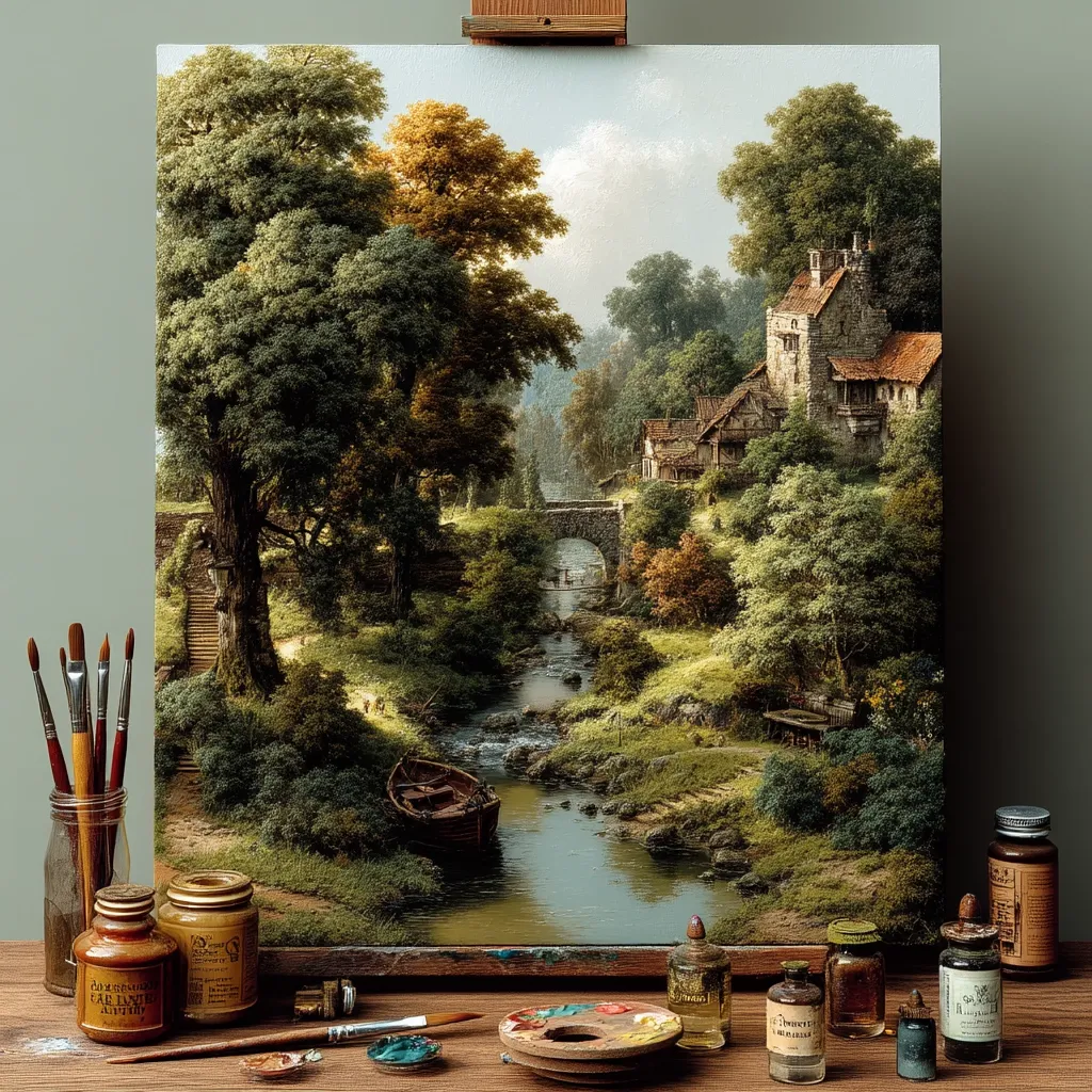 An artist's easel displays a meticulously painted landscape.  The scene depicts a tranquil stream flowing beneath a stone bridge, past a quaint stone house nestled amongst lush green trees. A small rowboat rests on the riverbank.  The painting is surrounded by paintbrushes, jars of paint, and other artist's supplies, creating a still life composition of artistic creation.