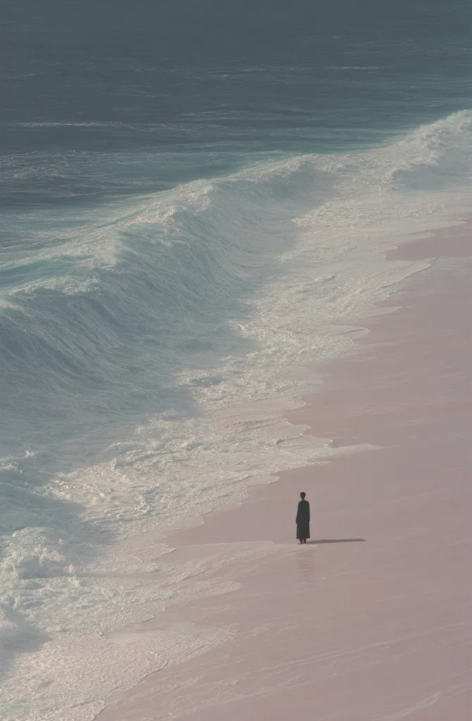 A solitary figure in dark clothing walks along a pink sand beach.  Gentle waves break on the shore, creating a soft, white foam against the pale sand.  The ocean stretches out behind, its surface a calm, muted blue-grey. The overall scene is serene and minimalist.
