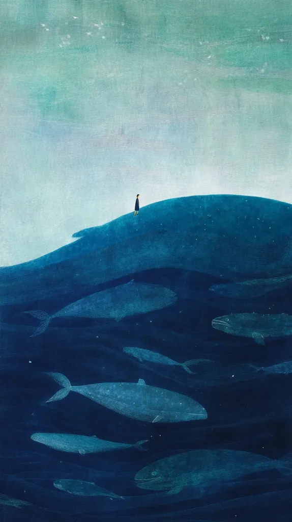 A lone figure stands atop a hill, seemingly a massive whale's back, overlooking a tranquil ocean.  Beneath the surface, numerous whales swim peacefully, their forms subtly rendered in shades of deep blue. The sky above is a soft, muted teal, dotted with faint light specks. The overall mood is serene and contemplative, evoking a sense of quiet solitude and connection with nature.
