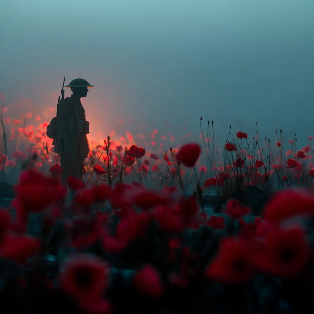 A silhouetted World War I soldier stands amidst a field of vibrant red poppies.  The scene is shrouded in a misty dawn, creating a somber yet beautiful atmosphere.  The soldier's back is to the viewer, his silhouette stark against the colorful blooms, a poignant image of remembrance and loss. The poppies symbolize the sacrifices made during the war.