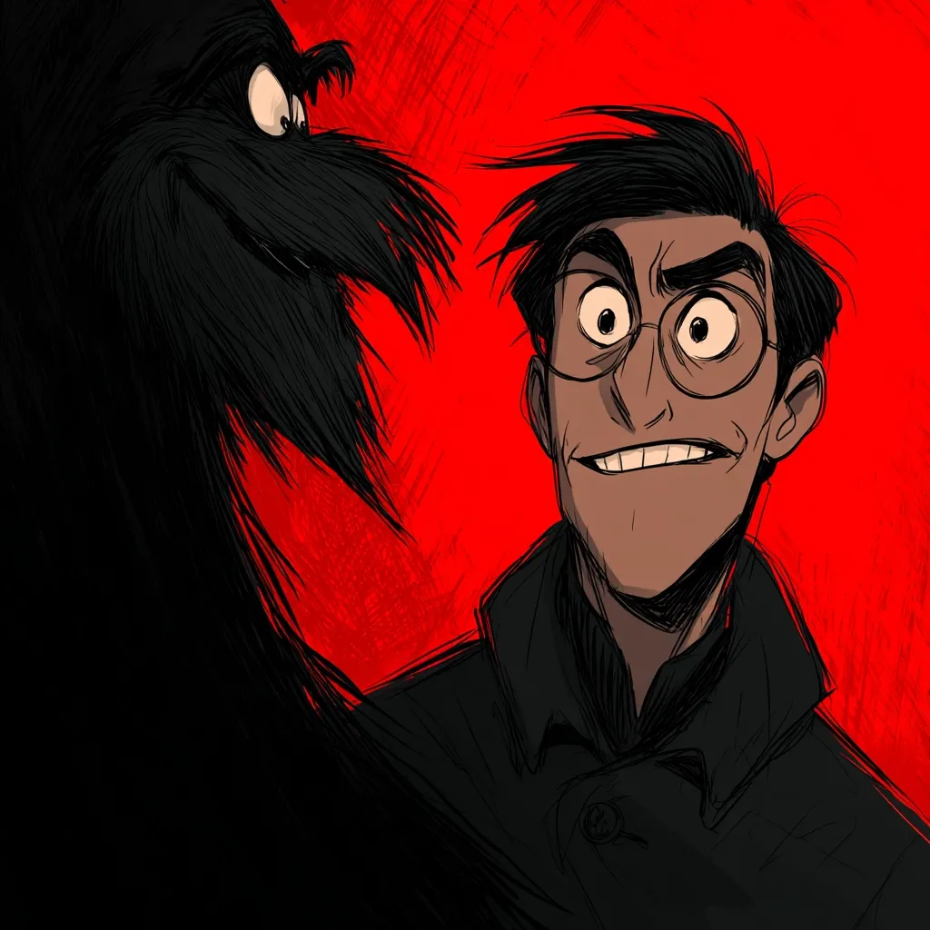 A stylized illustration features a man with glasses and dark hair, his expression a mix of apprehension and amusement.  He's positioned against a vibrant red backdrop, with a shadowy, vaguely bird-like creature to his left, its features obscured but hinting at a mischievous or menacing presence. The stark contrast between the dark figures and the bright red background creates a dramatic and slightly unsettling mood.  The sketchy, expressive style enhances the overall tension.