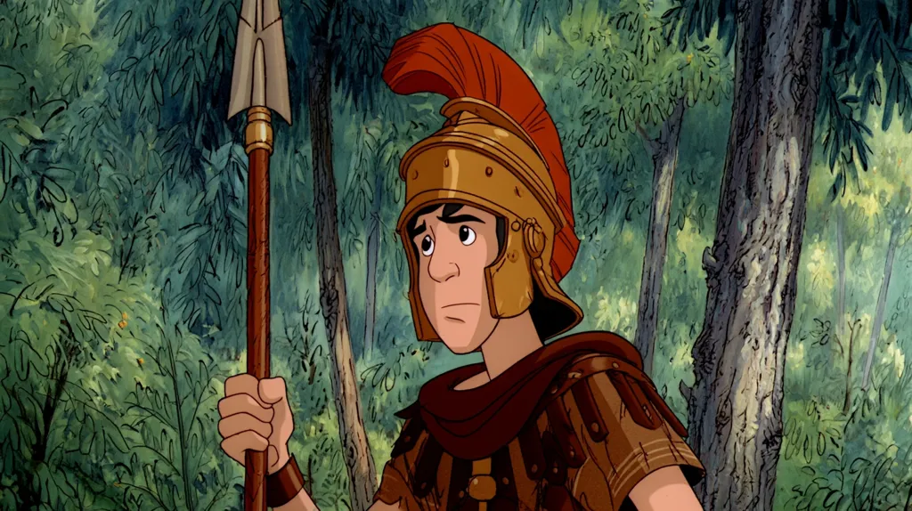 A young Roman soldier, clad in a bronze helmet with a red plume and brown armor, stands pensively in a lush green forest. He grips a long spear, its tip pointed upwards. His expression is serious and thoughtful, suggesting contemplation or a challenging situation. The vibrant background depicts a dense array of trees and foliage, creating a sense of depth and immersion in the natural world. The artwork style is reminiscent of a classic animated film or storybook illustration.