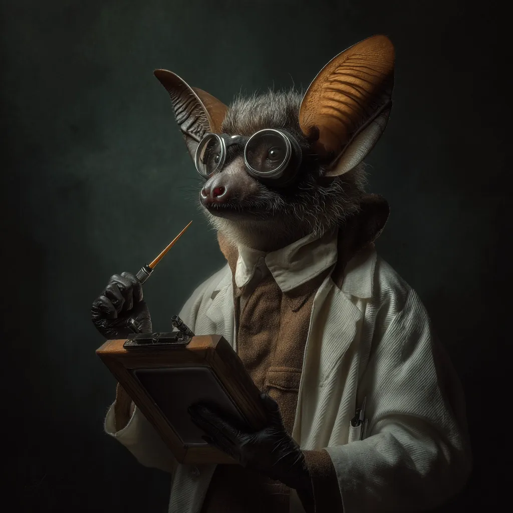 A whimsical portrait depicts a bat, meticulously dressed in a lab coat and goggles, thoughtfully holding a paintbrush and clipboard. The bat's attire and pose suggest an artistic or scientific persona, creating a captivating blend of fantasy and realism. The dark background emphasizes the subject, lending an air of mystery and intrigue to the image.  The detailed rendering of the bat's fur and clothing adds to the overall surreal quality.