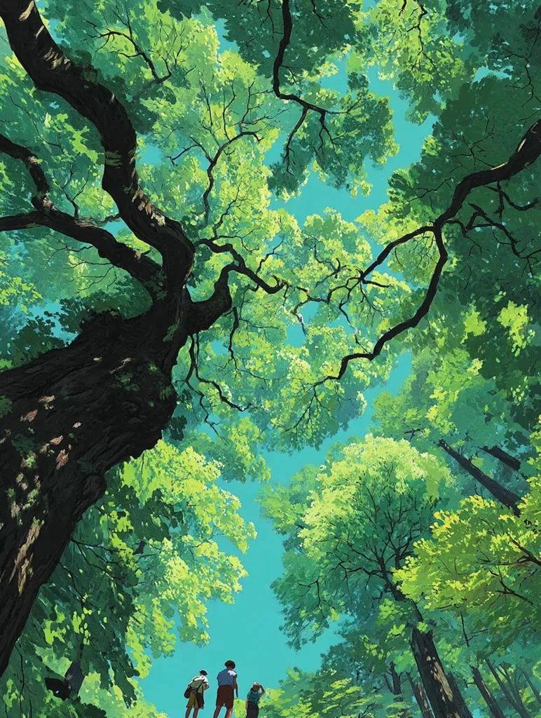 A low-angle view showcases three individuals standing beneath a vibrant canopy of lush green trees. The towering trees, with their thick, dark trunks and bright, sunlit leaves, form a natural cathedral of foliage against a clear, light blue sky. The scene evokes a sense of tranquility and awe, highlighting the beauty of nature. The three figures appear small in comparison to the immense scale of the trees, emphasizing the grandeur of the forest.