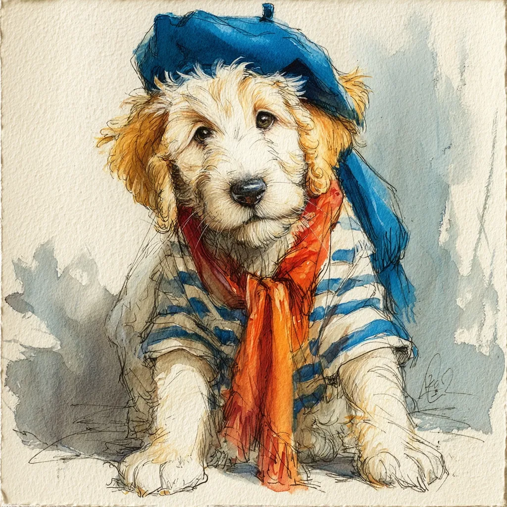 A charming watercolor painting depicts a fluffy, light-colored puppy.  The puppy is adorably dressed in a blue beret, a striped shirt reminiscent of a Breton sailor's top, and a vibrant orange scarf. Its expressive eyes and gentle demeanor create a heartwarming image, showcasing artistic skill in capturing both the dog's features and the texture of its fur. The background is a soft, muted wash of grays and whites.
