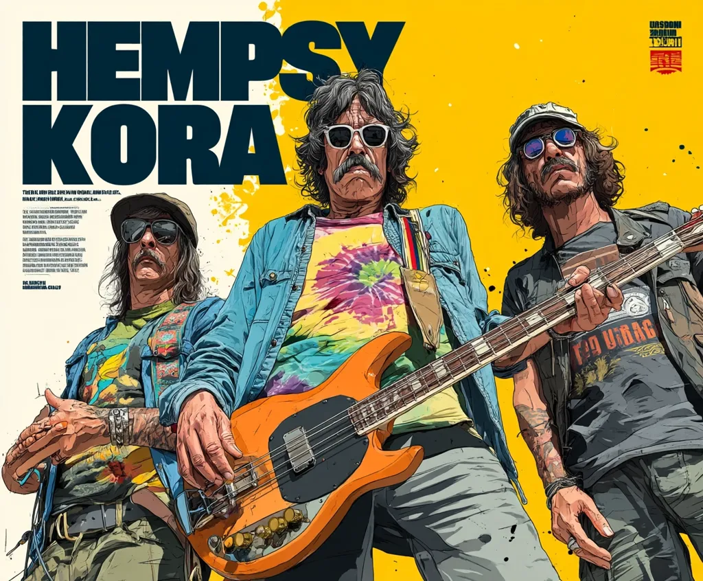 A vibrant illustration showcases a three-piece band, "HempSy Kora," against a bold yellow backdrop.  The central figure, sporting a tie-dye shirt, plays a bass guitar. Flanking him are two bandmates, each with distinctive styles. The artwork's energetic lines and bold colors convey a sense of musical dynamism and rebellious spirit, reminiscent of classic rock poster art.  Small text provides additional band information.