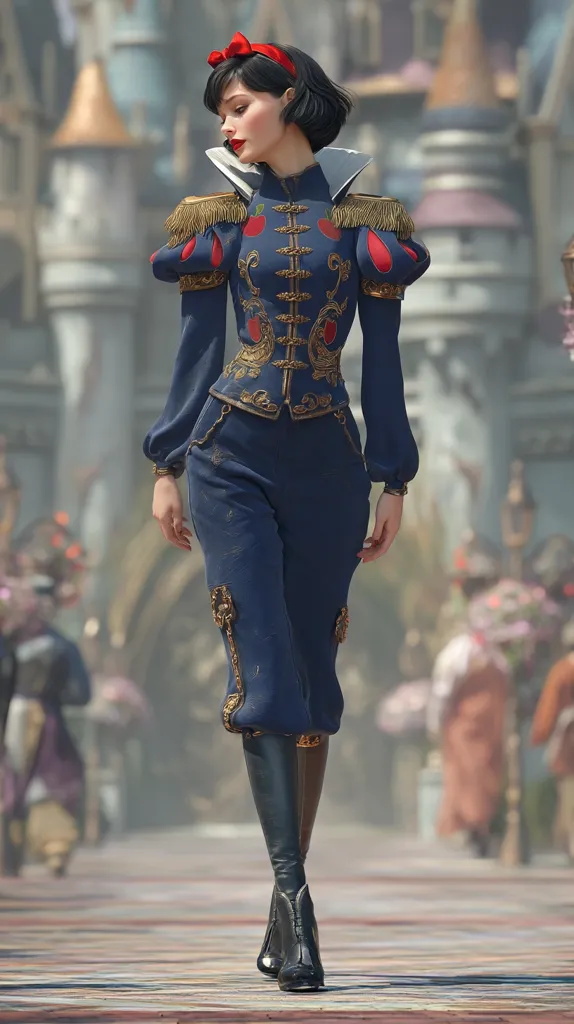 A stylized depiction of Snow White, elegantly dressed in a dark blue military-inspired ensemble.  The outfit features gold detailing, intricate embroidery, and high boots.  A red ribbon adorns her dark bobbed hair.  She walks confidently through a blurred background suggestive of a fairytale setting. The overall aesthetic is a blend of classic fairytale and steampunk influences.