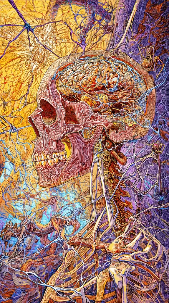 A skull, intricately detailed, is depicted in profile, its interior revealing a brain with complex neural pathways.  The skull is part of a larger skeletal structure, enveloped by a vibrant, chaotic network of lines and branches reminiscent of nerves or tree roots.  The background is a blend of warm yellows and cool purples, creating a surreal and almost psychedelic effect. The overall style is highly detailed and suggestive of anatomical art blended with fantasy elements.