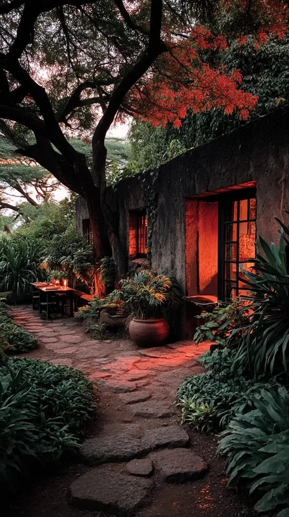 A stone pathway winds through a lush, dimly lit garden towards a rustic stone building.  Warm interior light glows from windows and a doorway.  A large tree shades the path, its branches interwoven with vibrant red foliage.  Potted plants add to the tranquil ambiance of this secluded outdoor space, creating a serene and inviting atmosphere.