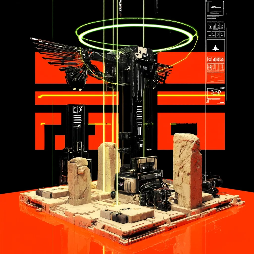 A futuristic digital artwork depicts a scene where a towering, intricately designed black structure, reminiscent of a technological monolith, is the centerpiece.  It's adorned with what seems to be mechanical wings and encircled by a glowing green halo.  Surrounding this central structure are smaller, weathered stone pillars, creating a contrast between ancient and advanced technologies.  The entire scene is set on a platform against a vibrant red backdrop, with neon-yellow lines and digital UI elements adding to the cyberpunk aesthetic.