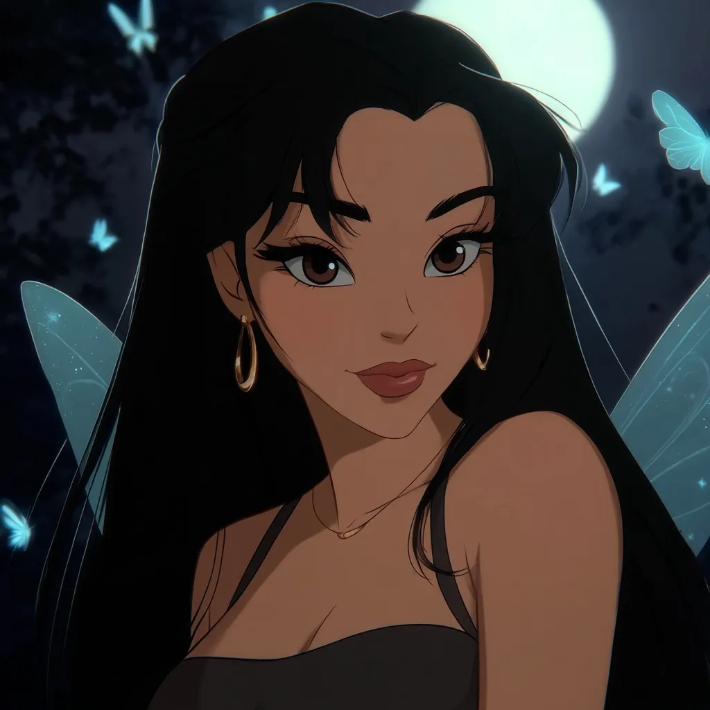 An anime-style illustration depicts a young woman with long, dark hair and delicate features.  She possesses large, expressive brown eyes and wears gold hoop earrings.  She's adorned with translucent, fairy-like wings and a simple necklace, creating a mystical ambiance.  The background suggests a nighttime setting with a full moon and several butterflies.  Her expression is soft and alluring, exuding a serene beauty.