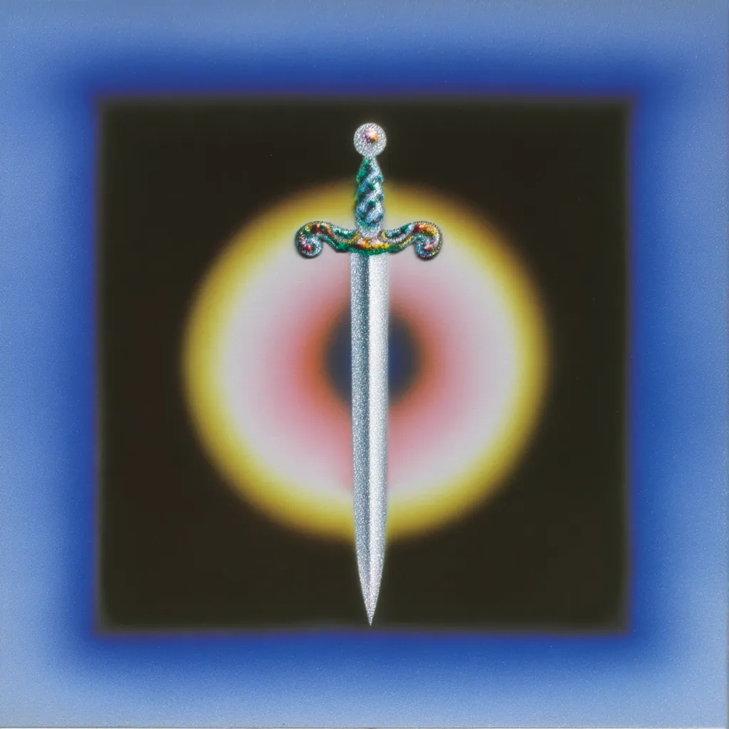 A stylized silver dagger is centrally positioned against a dark background.  The dagger has ornate, jewel-toned detailing near the hilt.  Behind it is a blurred, concentric circle of soft pink, yellow, and white light, creating a mystical ambiance. The entire image is framed by a blue border, enhancing the surreal and symbolic feel.