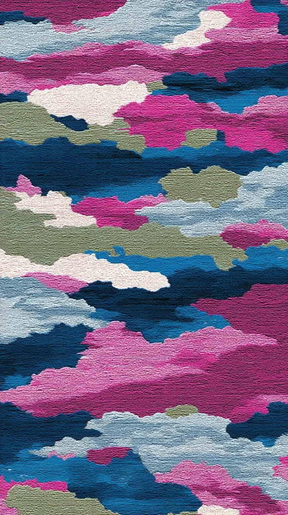 The image shows a textured fabric or rug with an abstract cloud-like pattern.  Colors are predominantly shades of pink, blue, and gray, creating a soft, yet vibrant effect.  The design is reminiscent of a stylized sky, with irregular shapes overlapping to form a continuous, flowing pattern. The texture appears plush and slightly nubby.