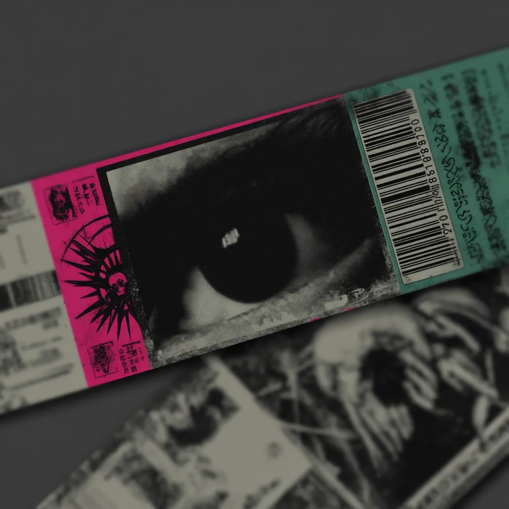 A close-up shot reveals a stylized ticket or pass, predominantly pink and teal.  A prominent feature is a grainy, black-and-white image of a human eye dominating the pink section.  A barcode and indistinct text are visible.  The ticket lies atop another, blurred image, suggesting a collection or layered effect.  The overall aesthetic is gritty and slightly distressed, evoking a vintage or underground feel.