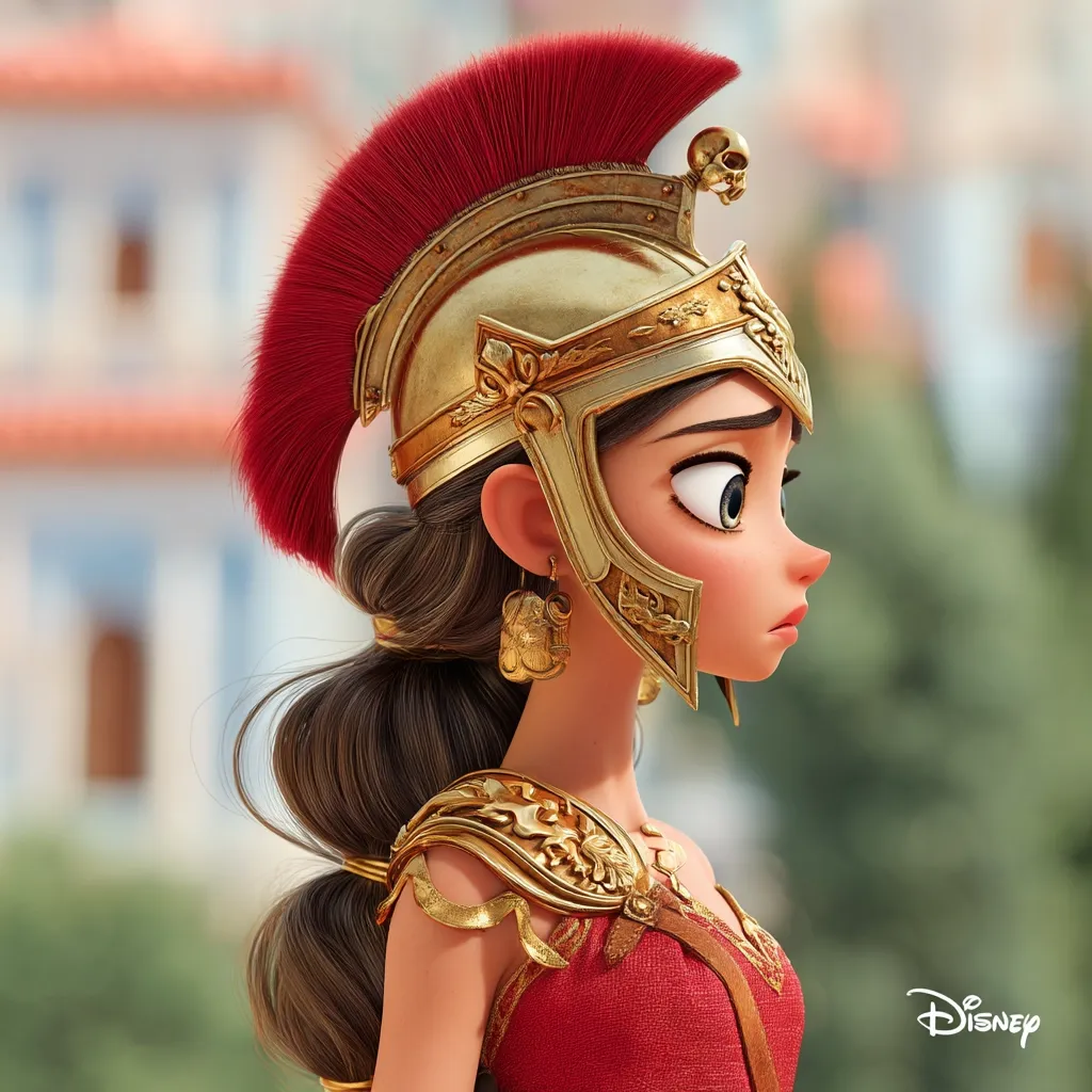 A stylized female character, possibly from a Disney animation, is depicted in profile. She wears a golden Roman-style helmet with a red plume, ornate golden shoulder armor, and a red dress. Her large eyes and expressive features convey a pensive or melancholic mood. The background is blurred, suggesting a classical or ancient setting. The image's style is reminiscent of 3D computer animation.