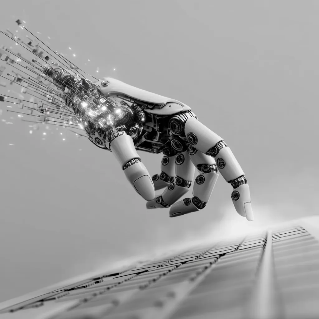 A robotic hand, intricately detailed and metallic, hovers over a keyboard.  Data streams emanate from its connection point, suggesting advanced technology. The monochrome image emphasizes the mechanical precision of the robotic hand, contrasting its artificiality with the implied human action of typing. The scene evokes themes of artificial intelligence, automation, and the future of technology.