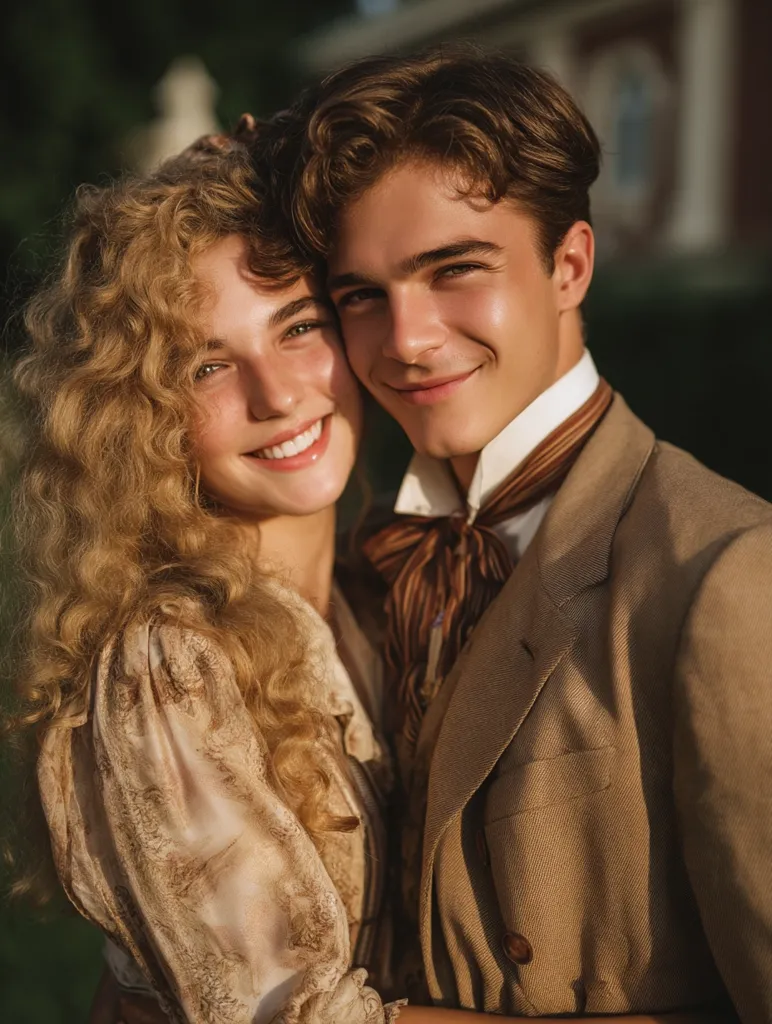 A young couple embraces, bathed in golden sunlight.  The woman, with long, curly blonde hair, wears a vintage-style beige blouse.  Her companion, a young man with neatly styled brown hair, is dressed in a tan suit with a patterned cravat.  Their closeness and attire suggest a romantic, period-piece aesthetic.  The background is blurred, focusing attention on the intimate moment shared between them.