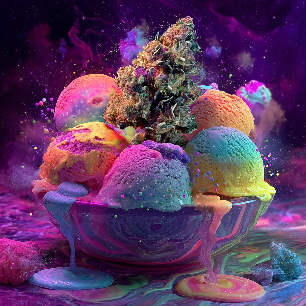A vibrant, psychedelic artwork depicts a bowl overflowing with colorful ice cream scoops.  A large cannabis bud sits atop the sugary mound, which is surrounded by a cosmic, glittery background. Melted ice cream drips down the sides of the marbled bowl, creating a surreal and whimsical scene. The overall aesthetic is bright, fantastical, and slightly chaotic.