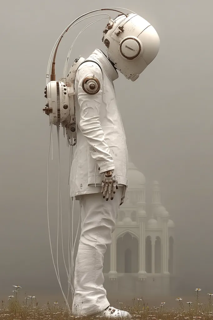 A white, humanoid robot stands in a misty field, its head bowed.  The robot's design blends mechanical elements with a flowing white suit.  Wires trail from its back, connecting to unseen components.  A faded, white structure resembling a temple or pavilion is visible in the background, shrouded in fog. The overall scene is atmospheric and evokes a sense of solitude or contemplation.