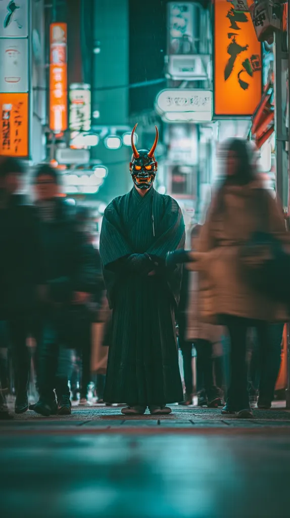 A person wearing a traditional Japanese oni mask and dark robe stands amidst a blurred crowd on a city street at night.  Neon signs illuminate the background, creating a vibrant yet mysterious atmosphere. The sharp focus on the masked figure contrasts with the motion blur of the surrounding pedestrians, emphasizing the individual within the bustling urban scene.  The overall ambiance is dark and moody, yet striking in its visual impact.