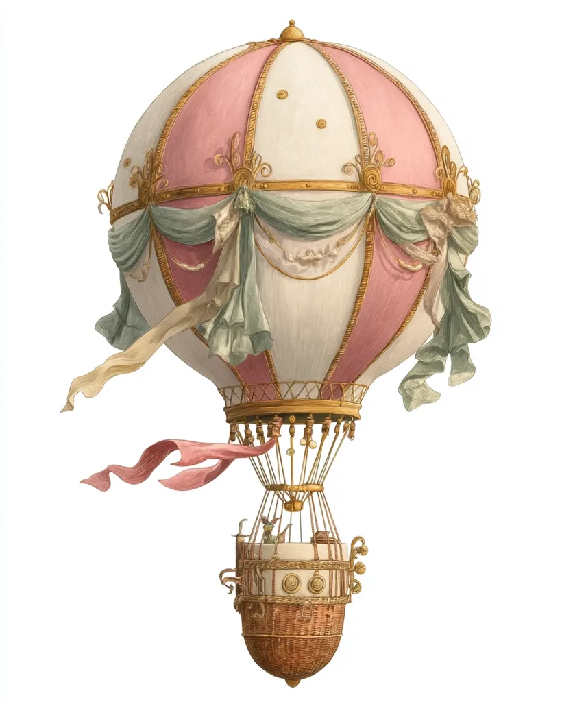 An illustration of a whimsical hot air balloon, predominantly pink and white with gold accents.  Elegant teal drapes adorn the balloon's base.  A wicker basket hangs beneath, featuring intricate detailing and seemingly containing a small passenger.  Ribbons trail from the balloon, adding to its fanciful aesthetic.  The balloon is depicted against a stark white background.