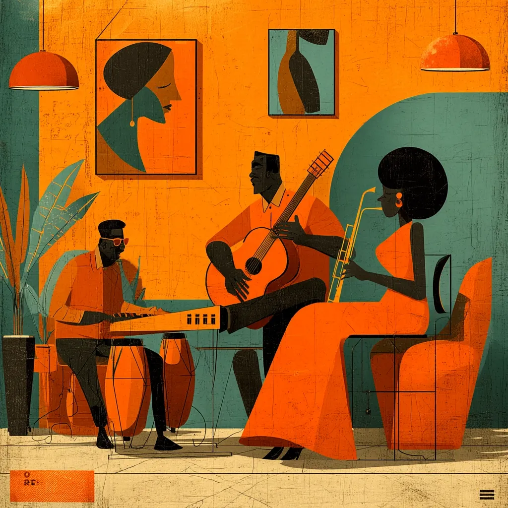 A vibrant, stylized artwork depicts a jazz trio in a warm-toned room.  A woman in an orange gown plays the saxophone, seated beside a guitarist. A pianist sits at a keyboard with conga drums nearby.  Abstract artwork adorns the walls, complementing the bold colors and geometric shapes of the scene, creating a lively and energetic atmosphere. The overall style is reminiscent of mid-century modern design.