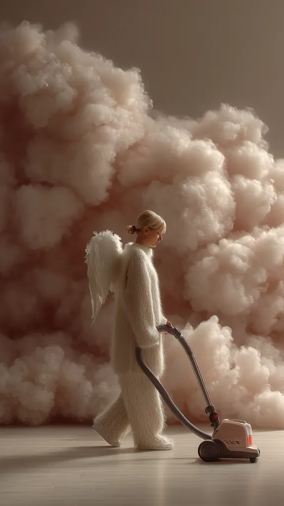 A woman, angelically dressed in a fluffy white suit and wings, vacuums a cloud-like formation.  The setting is surreal and dreamlike, with soft, pastel lighting.  The juxtaposition of the mundane task of vacuuming with the ethereal setting creates a whimsical and artistic image. The overall mood is peaceful and slightly mysterious.