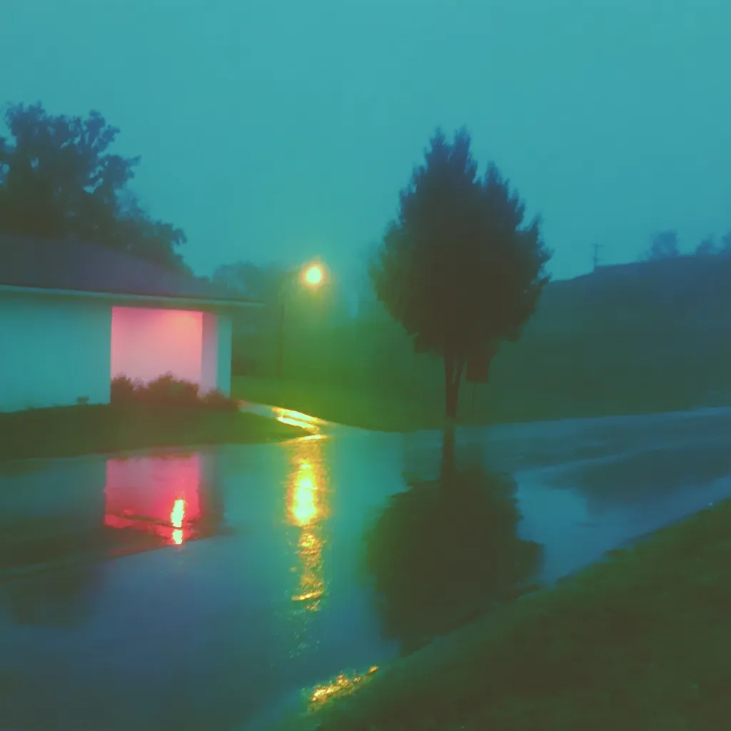 A single tree stands silhouetted against a misty, teal-toned night sky.  Rain slicks the street, reflecting the warm glow of a nearby streetlight and the pink interior light of a building. The scene is quiet and atmospheric, imbued with a dreamlike quality.  The muted colors and soft light create a serene, almost melancholic mood.
