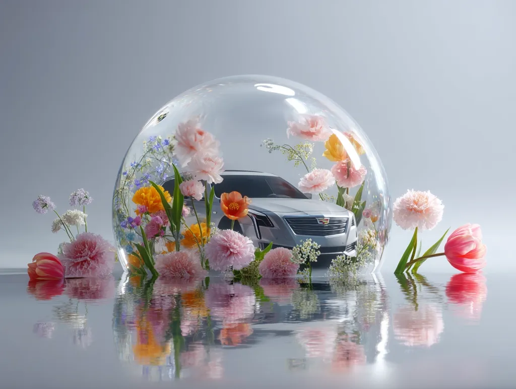 A silver Cadillac CT5 is nestled inside a clear glass sphere surrounded by a vibrant arrangement of spring flowers.  Pink, orange, and white blooms encircle the car, creating a delicate and ethereal scene. The sphere sits on a reflective surface, mirroring the flowers and car, enhancing the overall sense of beauty and serenity. The image evokes a feeling of freshness and new beginnings.