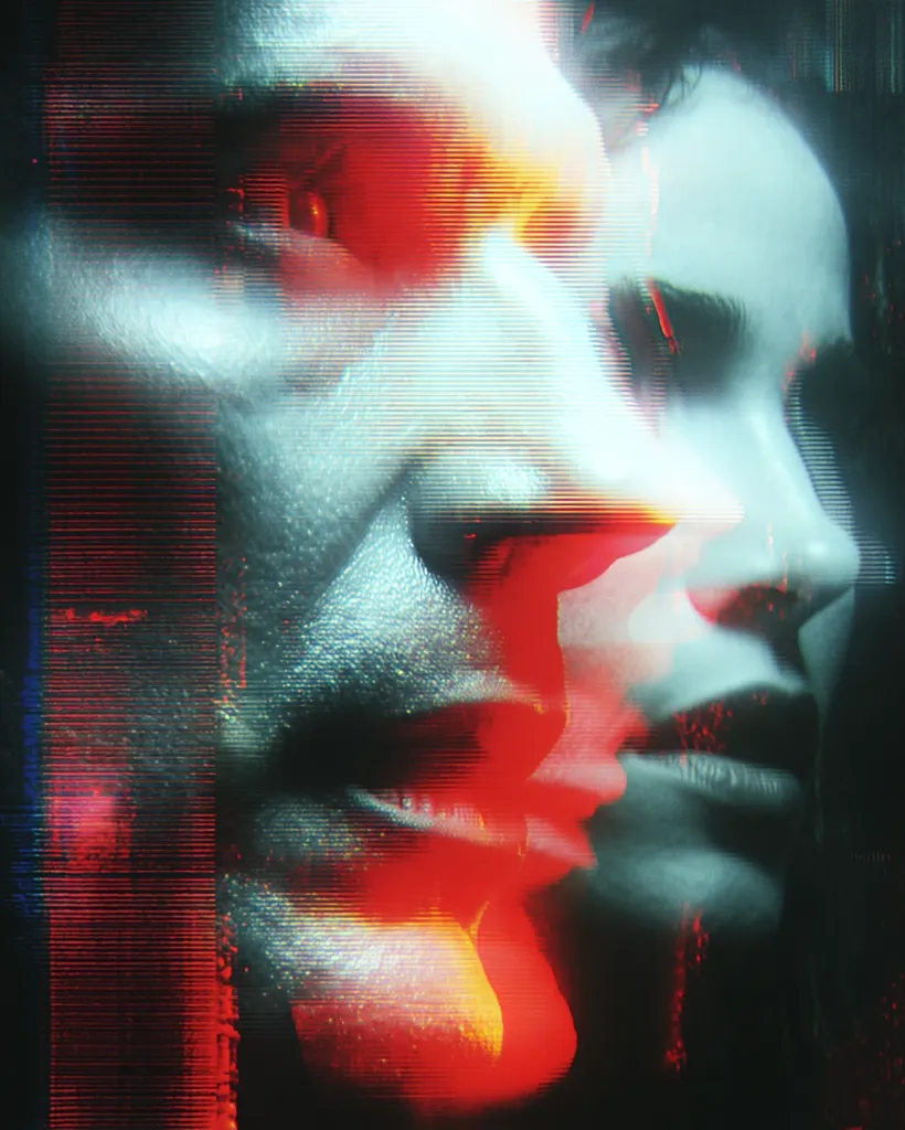 A stylized image depicts two faces, possibly a man and a woman, merged and distorted.  The faces are overlaid, creating a sense of duality or conflict.  A glitch effect adds a vibrant, red and orange overlay, with horizontal lines suggesting digital interference or a damaged video signal.  The overall mood is intense and mysterious.