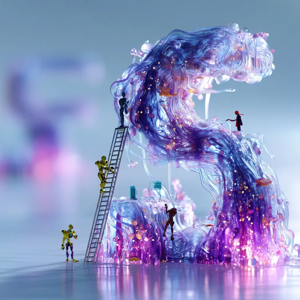 Miniature figures, including robots and a person in red, are interacting with a large, vibrant, bioluminescent structure resembling a flowing, purple and blue 3D-printed filament. The scene is surreal and artistic, with the figures appearing to be working on or exploring the structure.  The overall aesthetic is futuristic and fantastical.