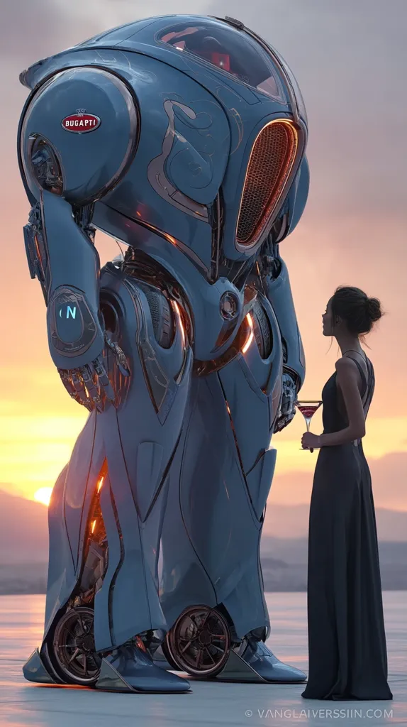 A futuristic Bugatti-styled mech stands on a desolate landscape at sunset.  A woman in a long black dress observes the towering robot, holding a glass of wine. The mech's design is sleek and smooth, with visible mechanical details and a Bugatti logo. The scene evokes a sense of mystery and wonder, contrasting the technological marvel with the elegant human figure.