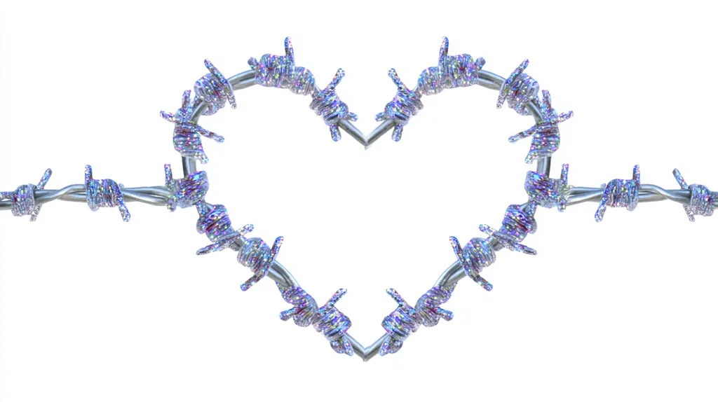 A heart shape is formed from iridescent barbed wire.  The wire is metallic silver with a shimmering, multicolored coating, creating a striking contrast between the harshness of the barbed wire and the glittering, almost joyful appearance. The image is set against a stark white background, emphasizing the unusual juxtaposition.