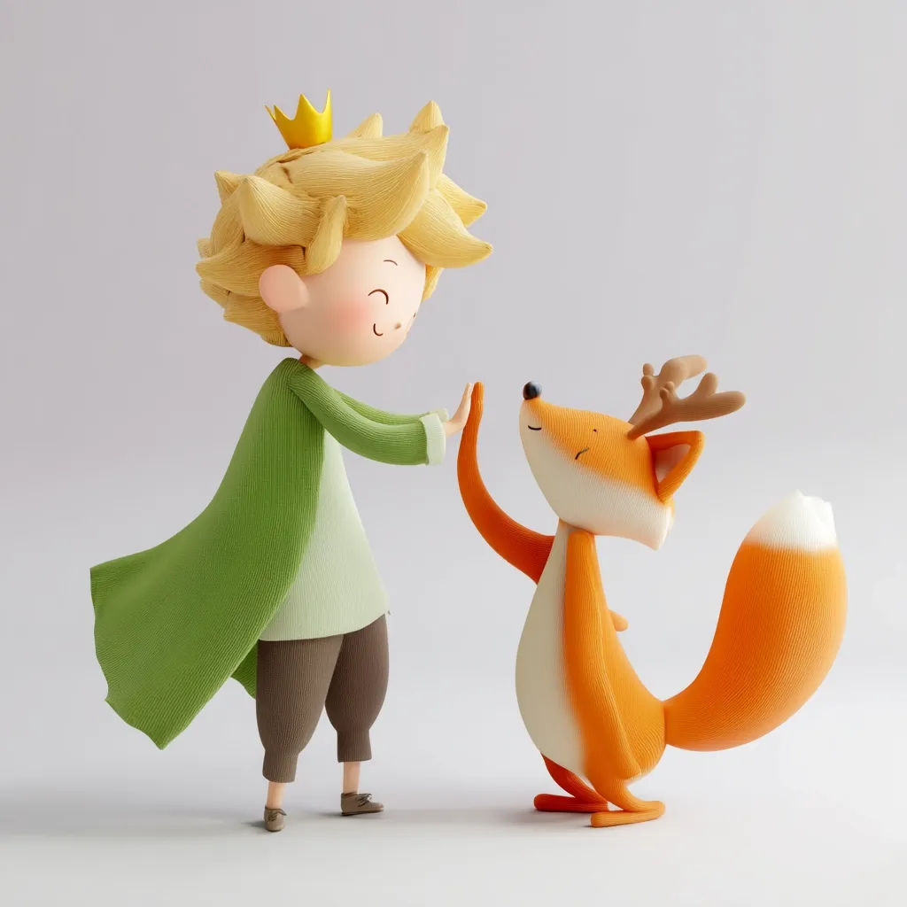 A 3D-rendered image shows the Little Prince, wearing a green cloak and crown, giving a high-five to a friendly fox with antlers.  Both characters are depicted in a cute, stylized manner, with soft pastel colors and simple features.  The scene is set against a minimalist light grey background. The overall mood is cheerful and heartwarming.