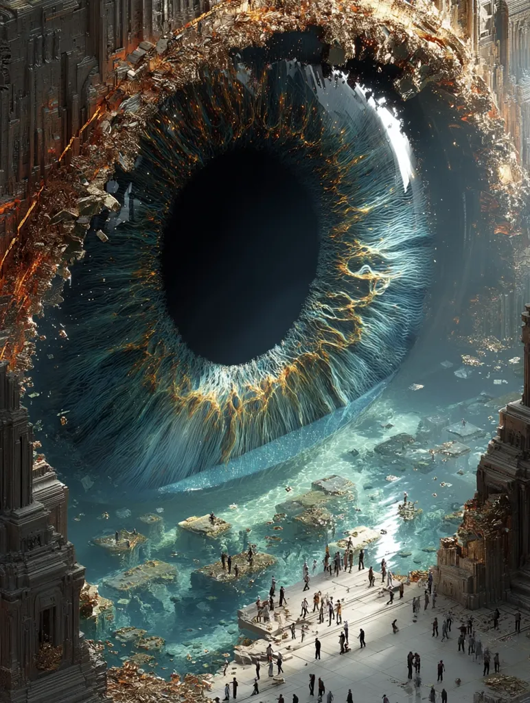 A colossal, teal eye dominates the scene, its intricate details resembling a vast, submerged city.  Golden veins radiate from the pupil, contrasting with the dark depths.  Around the eye, a ruined, architectural landscape is partially submerged in turquoise water, populated by miniature human figures. The image evokes a sense of awe and mystery, suggesting a powerful, all-seeing entity overlooking a devastated civilization.