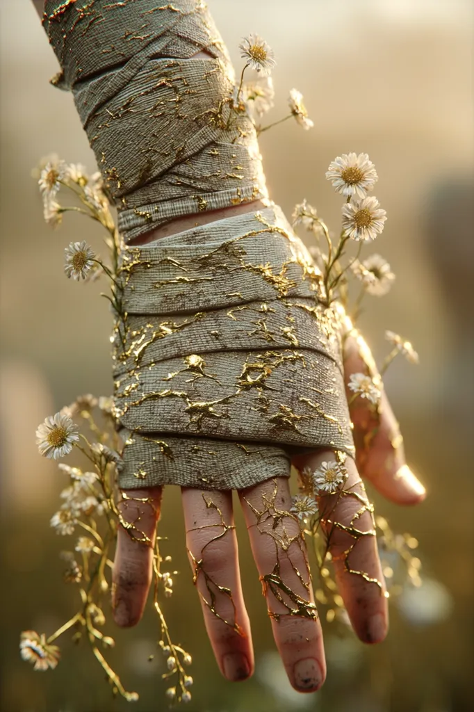 A hand, wrapped in beige fabric adorned with gold leaf, delicately holds delicate white wildflowers.  The gold accents resemble cracks or veins, contrasting with the soft flowers. The image evokes a sense of fragility, resilience, and perhaps healing, with a mystical or ethereal quality. The warm, soft lighting enhances the overall dreamlike atmosphere.