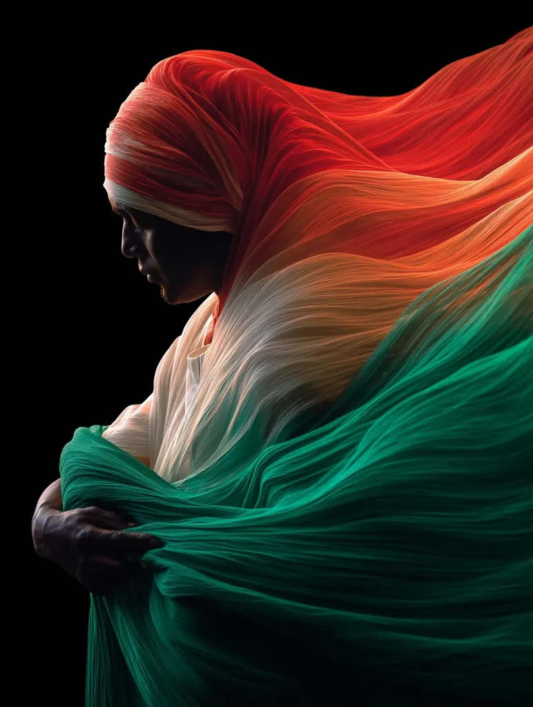 A person is enveloped in flowing fabric, the colors mirroring the Indian flag: saffron, white, and green. The fabric's dynamic movement creates a sense of energy and freedom. The individual's face is partially visible, their expression contemplative. The dark background emphasizes the vibrant hues of the cloth, creating a striking visual contrast.  The image is evocative of patriotism and national pride.