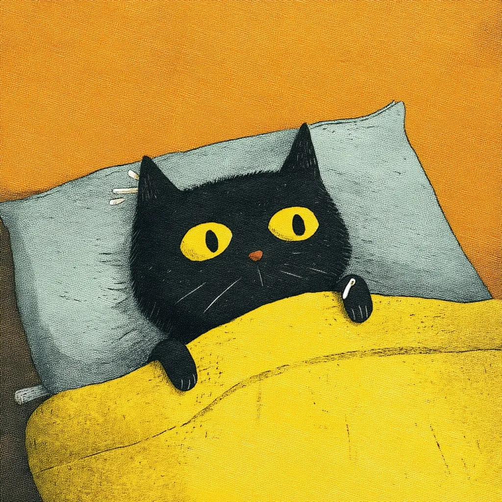 A black cat with large yellow eyes is snuggled under a bright yellow blanket in bed.  It's resting on a gray pillow against an orange background. The cat appears slightly ill or tired, peeking out from under the covers with its paws visible. The illustration style is whimsical and slightly textured.